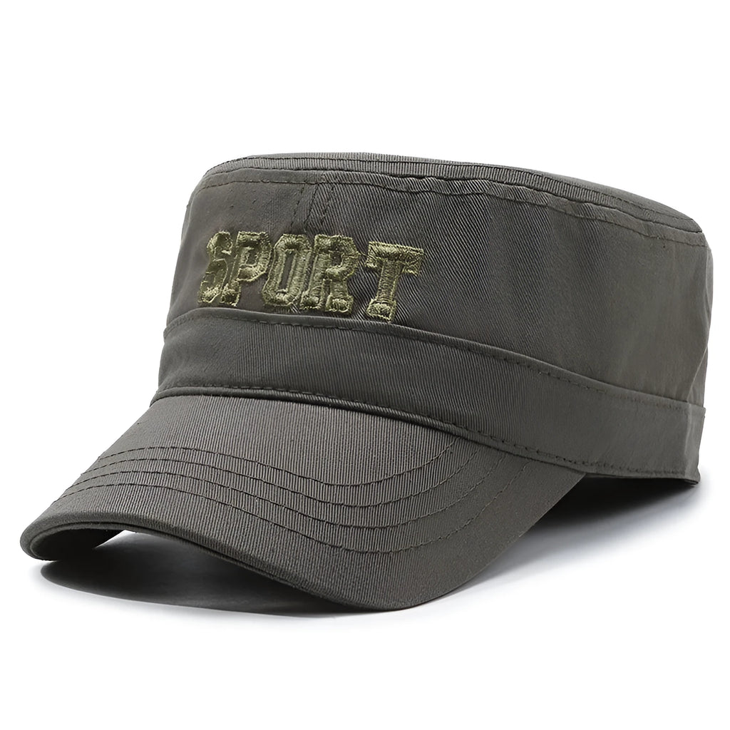 Men's flat-top cotton peaked cap in army green with an adjustable strap and embroidered lettering on the front.