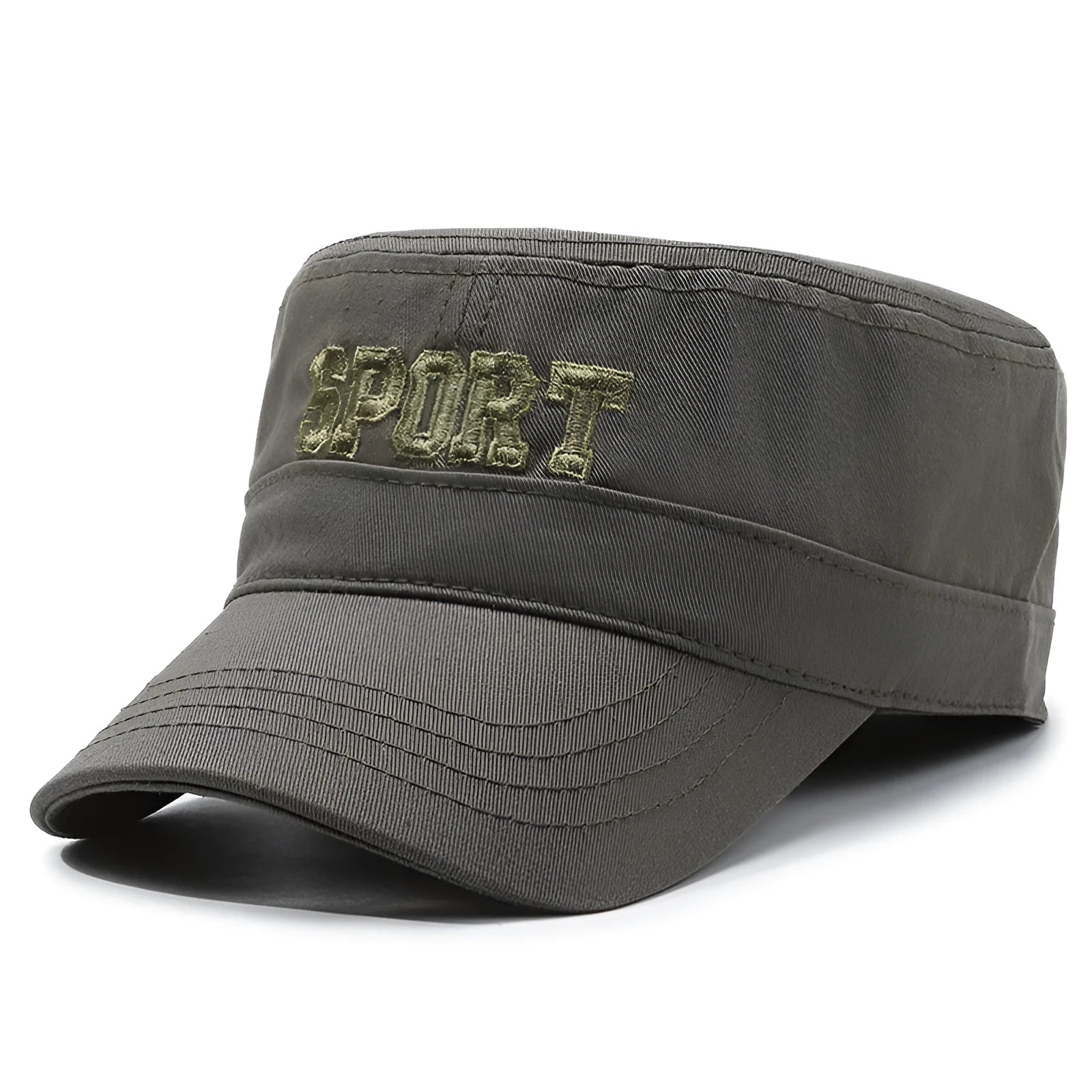 Men's flat-top cotton peaked cap in army green with an adjustable strap and embroidered lettering on the front.