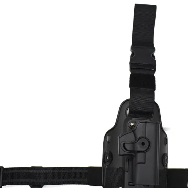 Green plastic quick-pull leg bag holster for tactical waist plates