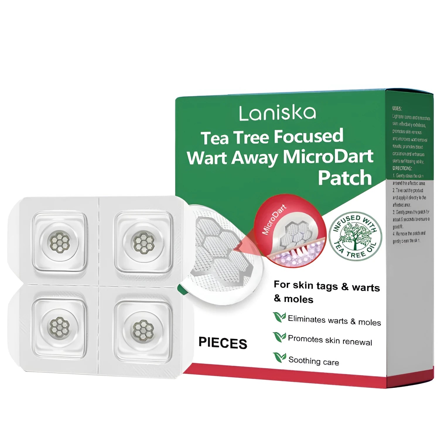 Box of four clear microneedle repair concealer patches for facial skin care and flat wart removal.