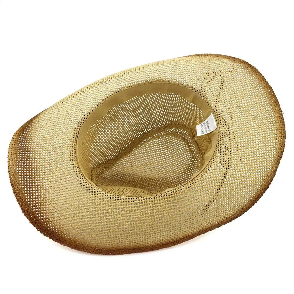 Western style straw cowboy hat with a bell crown, shown in a neutral colour on a plain background.