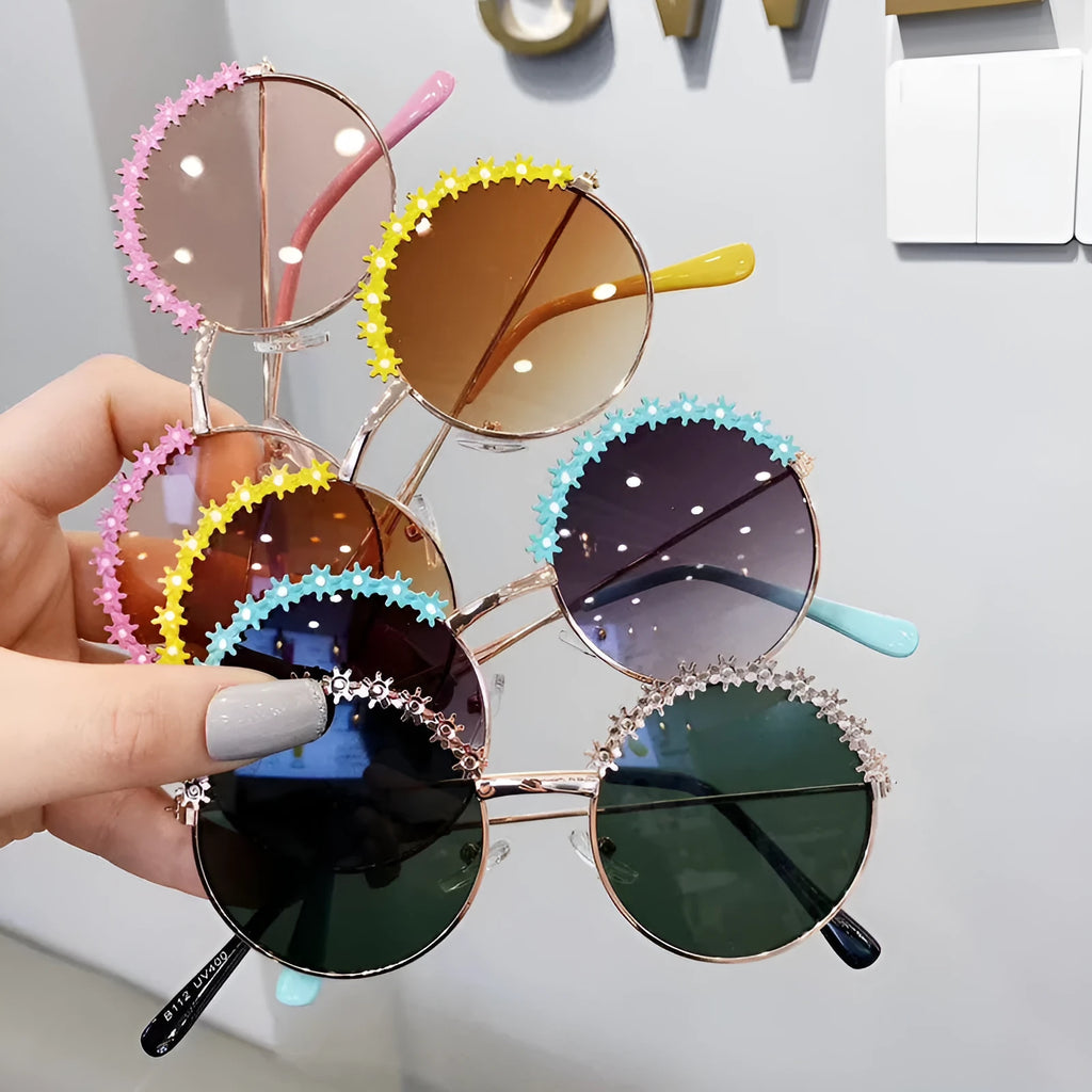 Children's fashion flower sunglasses with metal texture, resin lenses, blue frame, retro style