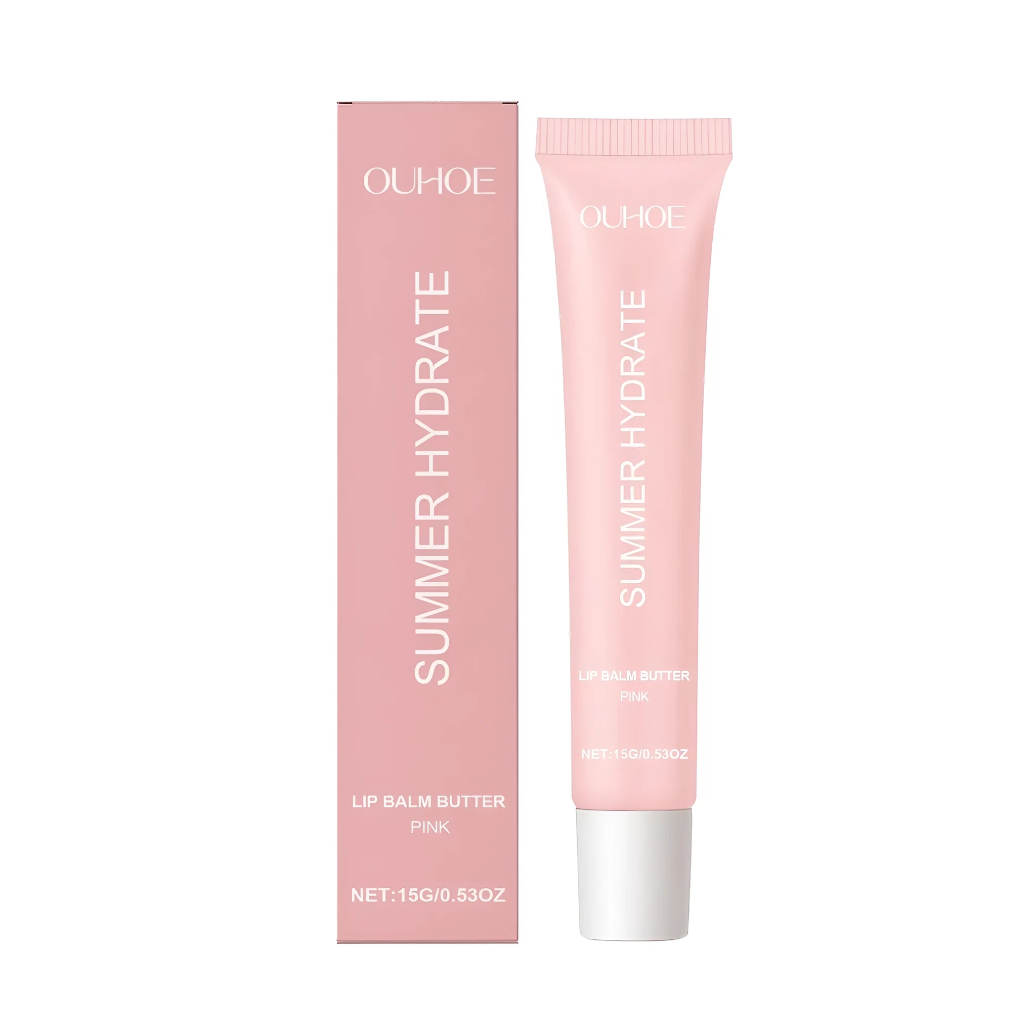Pink lip balm stick on a white background