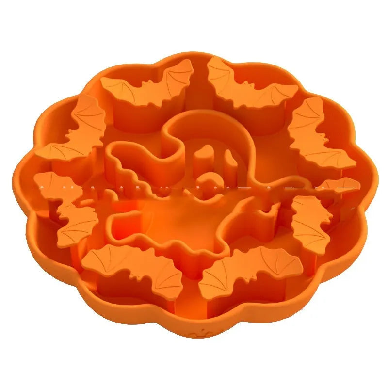 Silicone dog slow feeder bowl in a hexagonal shape on a floor, showing textured surface for slowing eating pace.