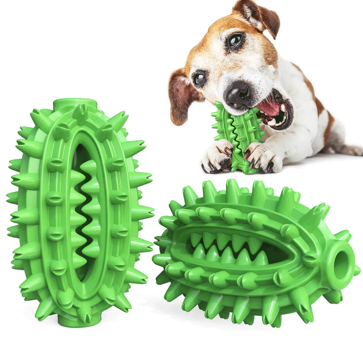 Green or yellow cactus-shaped rubber dog chew toy for dental care, shown with treat channel.