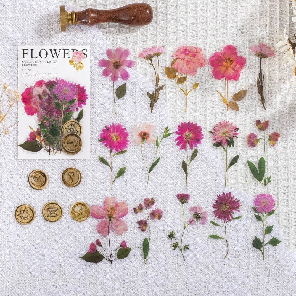 Dried flower journal decoration sticker set showing eight artistic styles on 70mm PET sheets