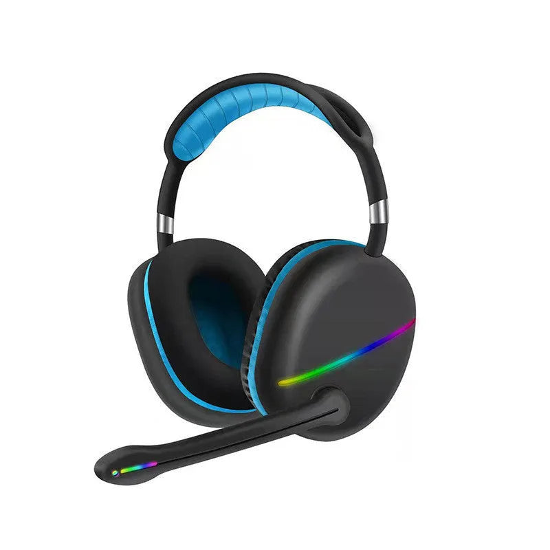 Blue wireless Bluetooth gaming headset with illuminated RGB lights on the earcups
