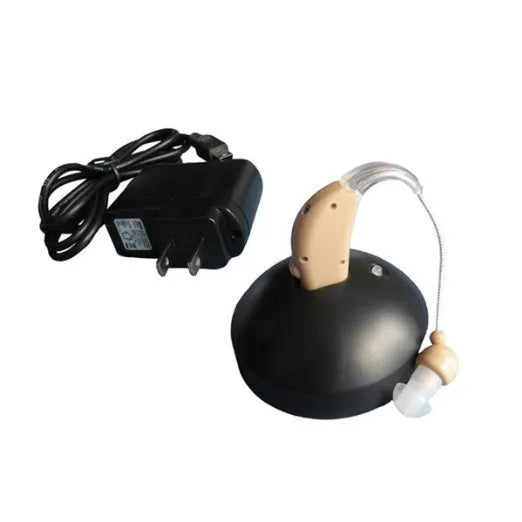 Rechargeable behind-the-ear digital hearing aid amplifier with plastic housing and Mini ear design.