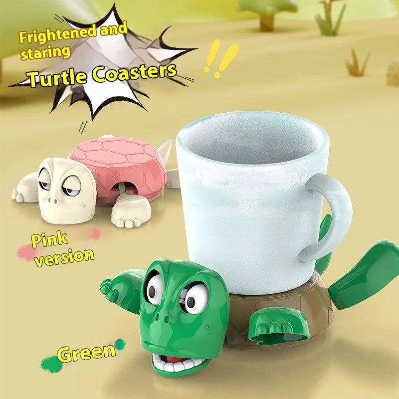 Set of four turtle shell design coasters in light green, dark green, wheat starch, and yellow colours.