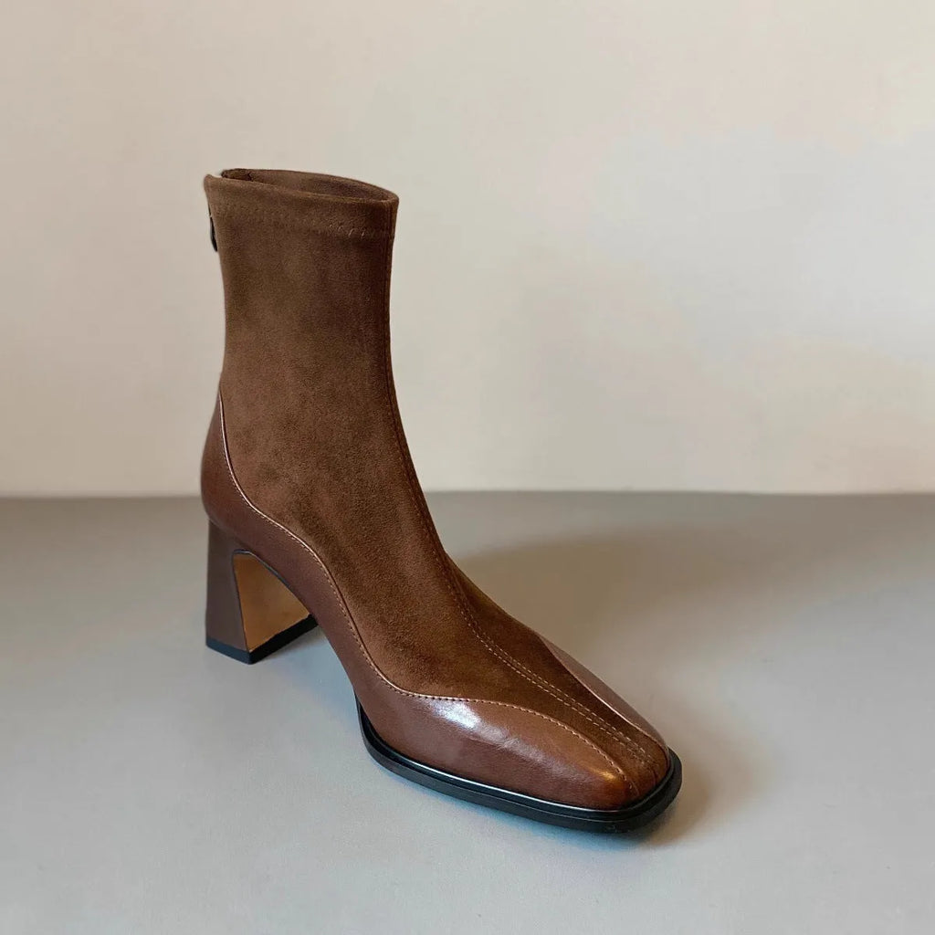 Retro chunky heel suede short boots for women, square toe, back zipper, in black and brown