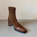 Retro chunky heel suede short boots for women, square toe, back zipper, in black and brown