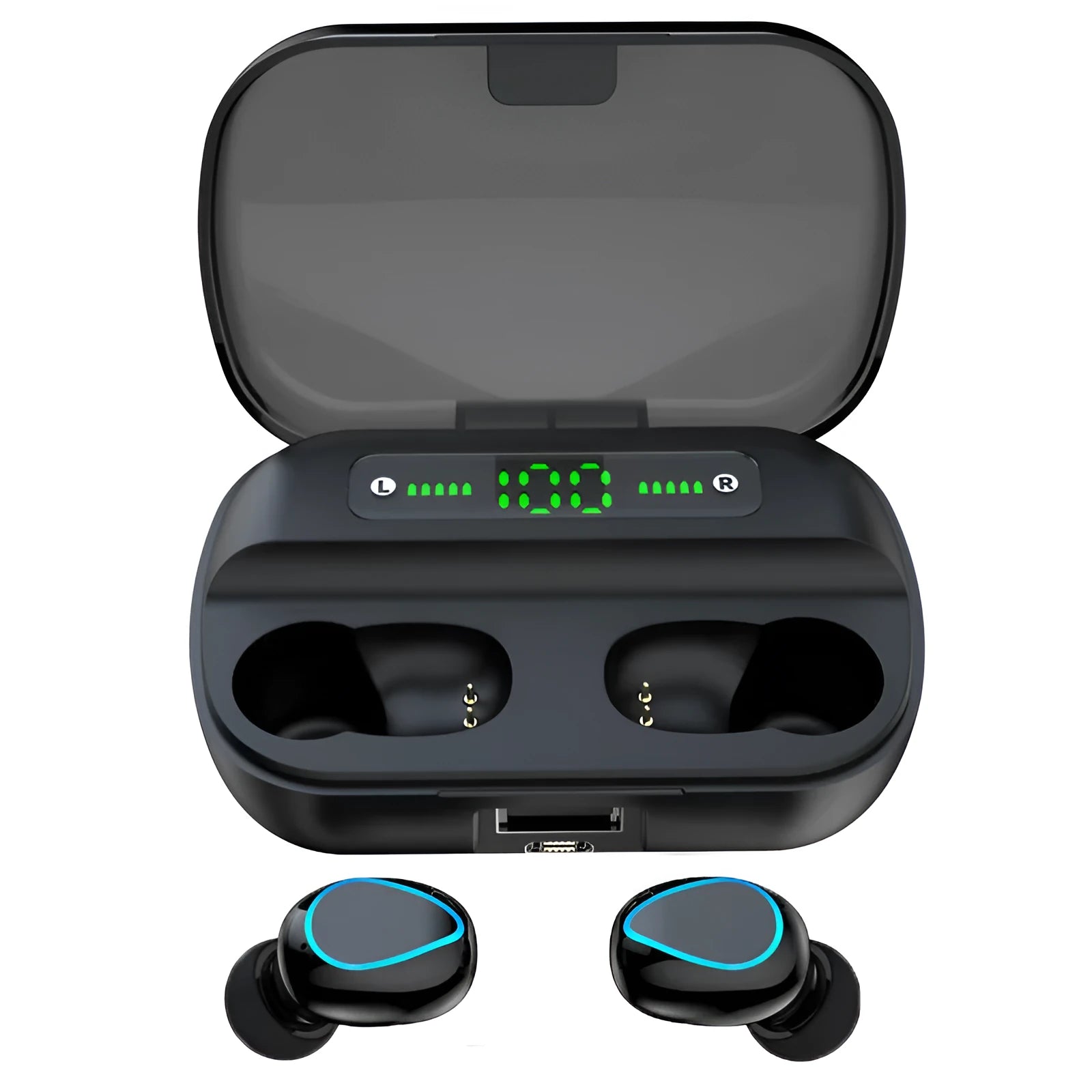 Black wireless Bluetooth stereo headset with earplug design.