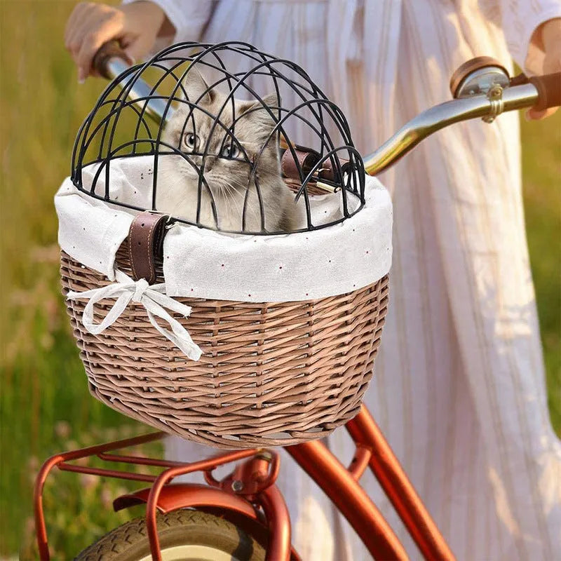 Honey wicker bicycle front handle basket for cats and dogs, medium size, mounted on handlebars