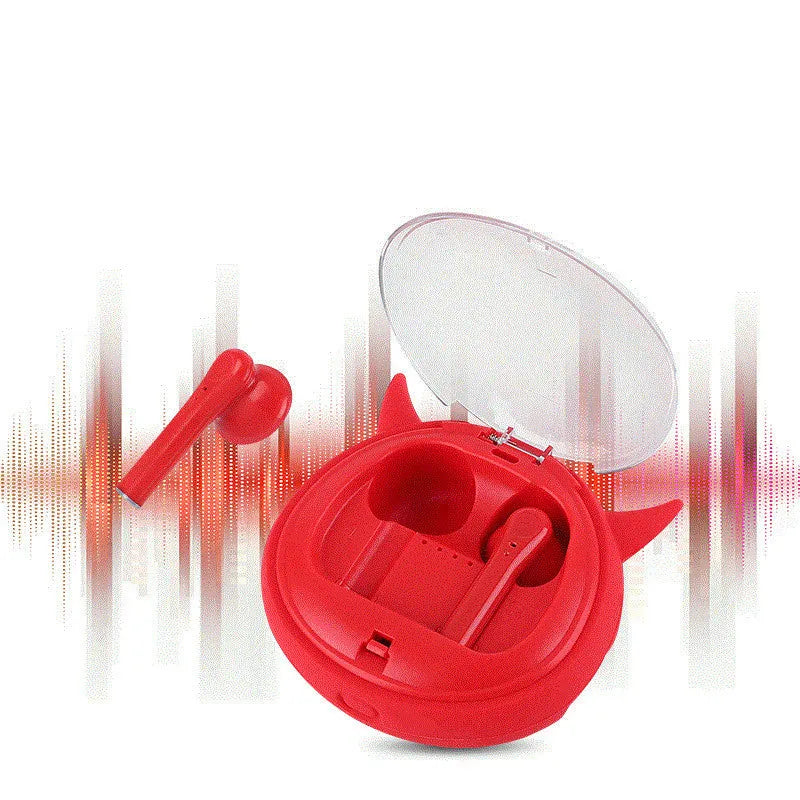 Red true wireless Bluetooth 5.0 in-ear headphones with charging case on a white background