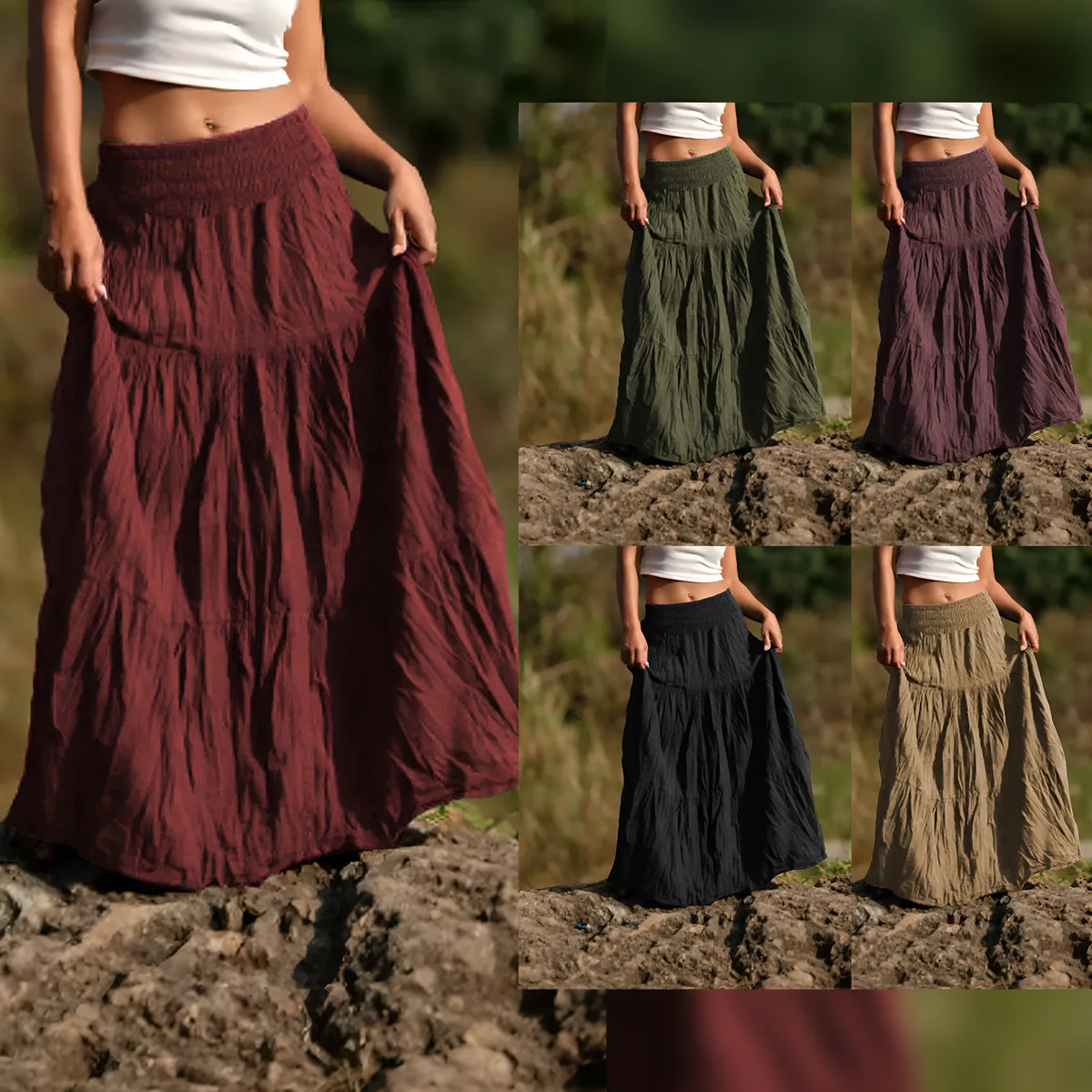 Women's mid-length retro skirt with waist smocking, patchwork and folding detail, viscose fibre, sizes S-XXL
