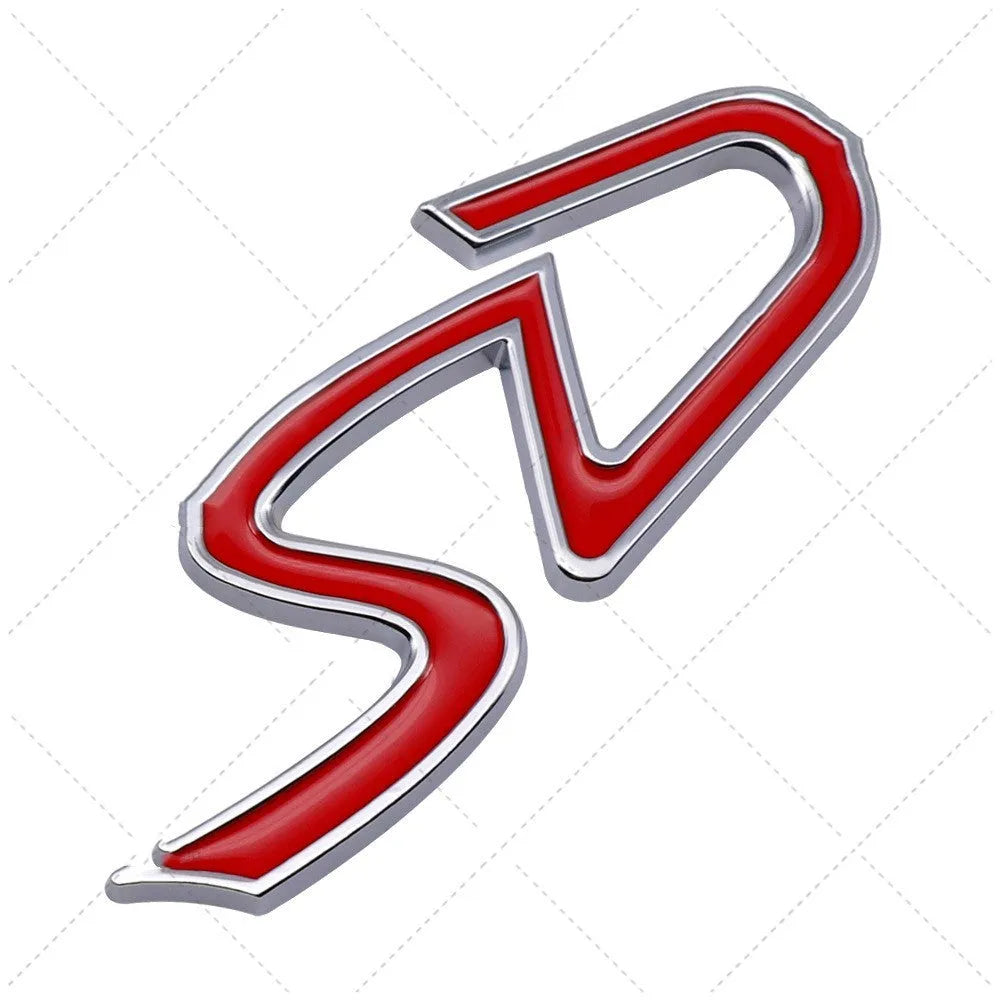 Metal decorative car bumper stickers showing SD, D and S patterns in red, silver and black colour combinations
