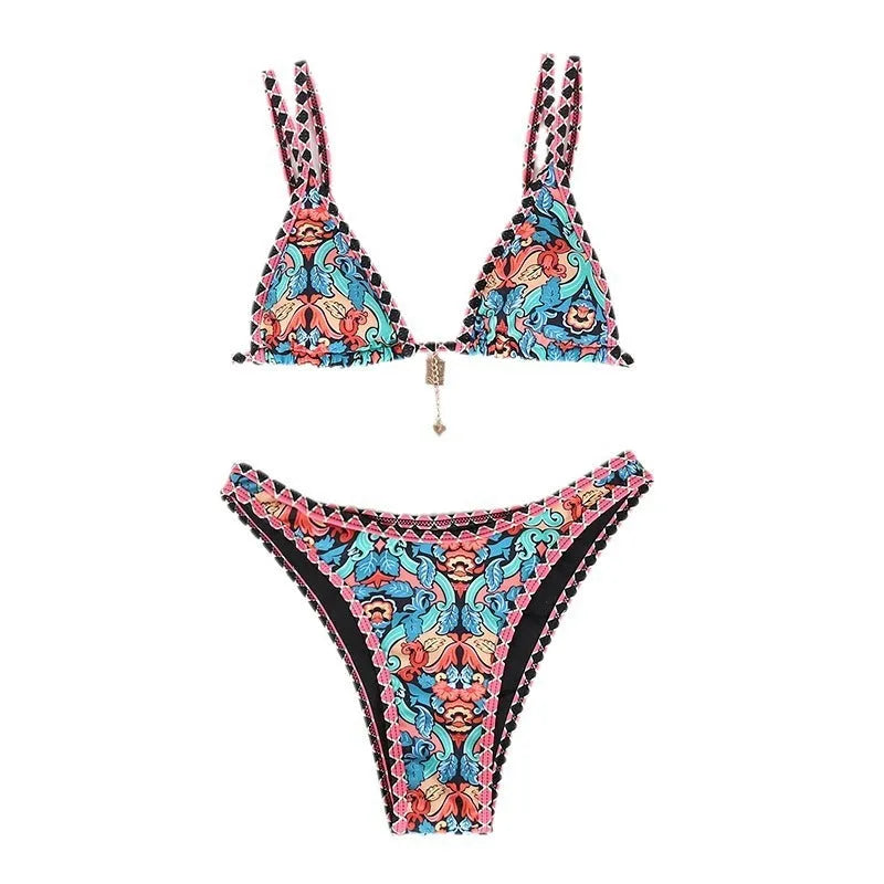 Retro printed women's bikini swimwear in orange, pink, black, and blue colour options