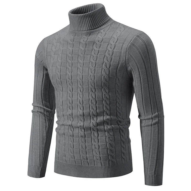 Man wearing a milky white slim fit chenille turtleneck pullover with a twist design detail