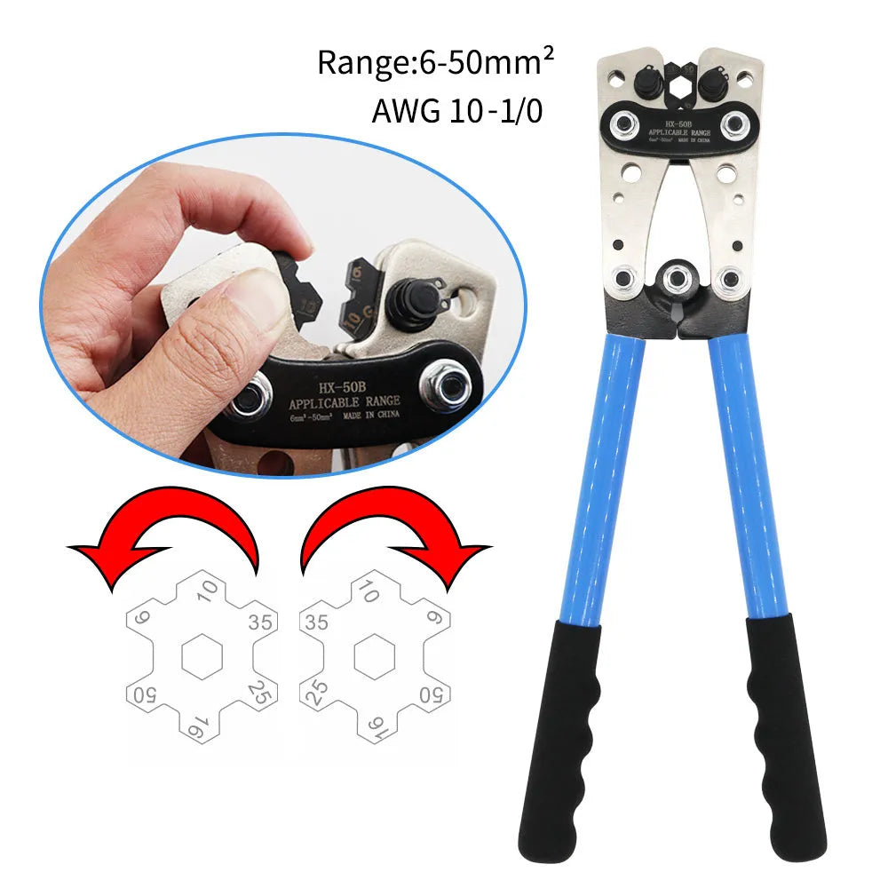HX-50B aluminium handle crimping pliers with integrated large head cable cutter on a workbench.