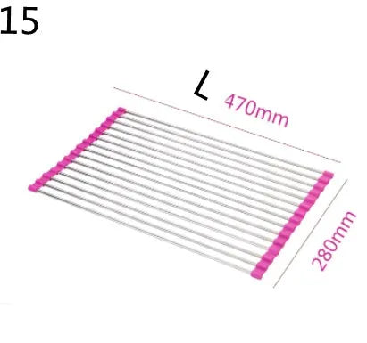 Folding stainless steel kitchen sink drying rack in red colour, shown extended for use.