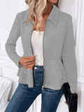 Women's black coat with heavy-duty zipper and ruffled hem, loose fit with long sleeves