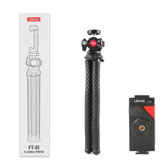 Black octopus-style flexible leg tripod with mobile phone clip attached, FT-01 model extended to 360mm