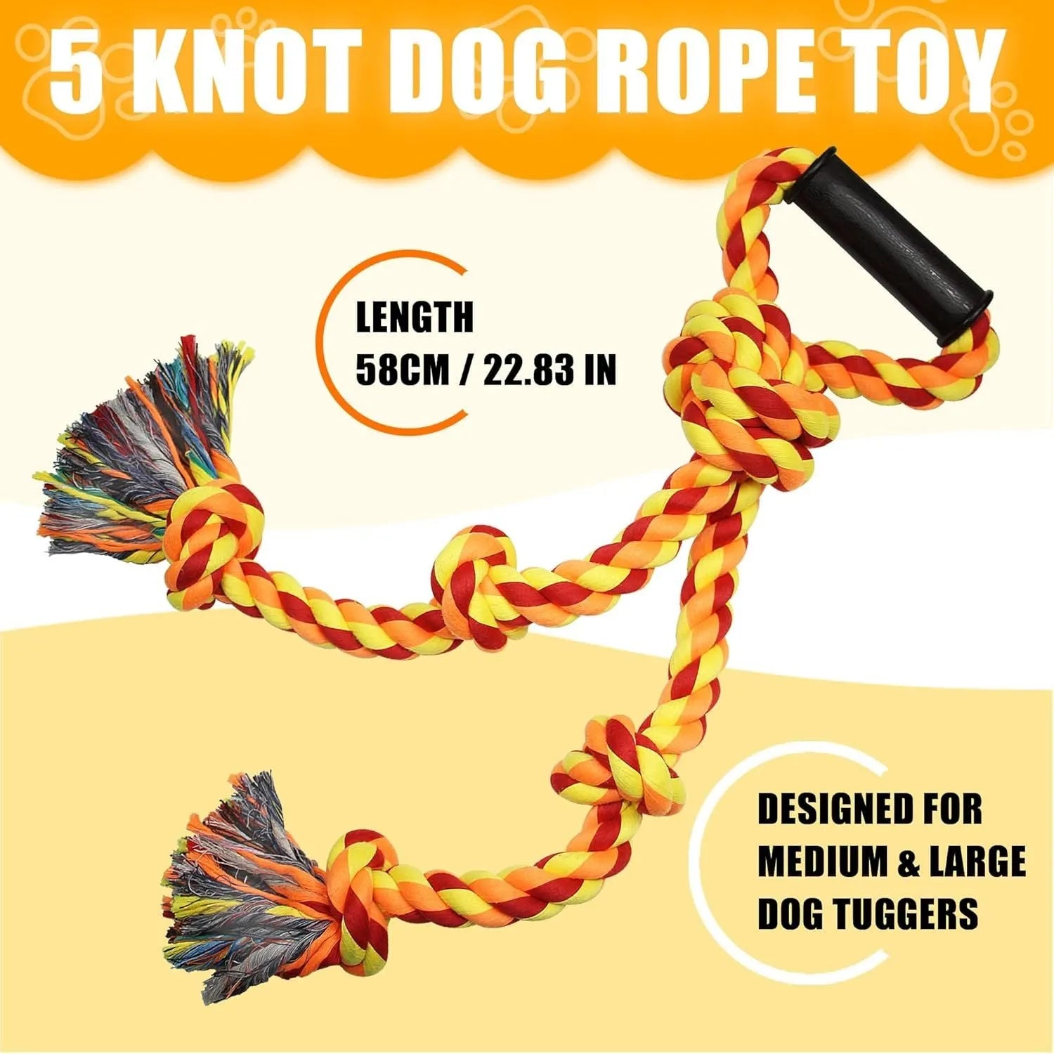 Blue and yellow cotton rope tug toy for large dogs with an ergonomic handle.