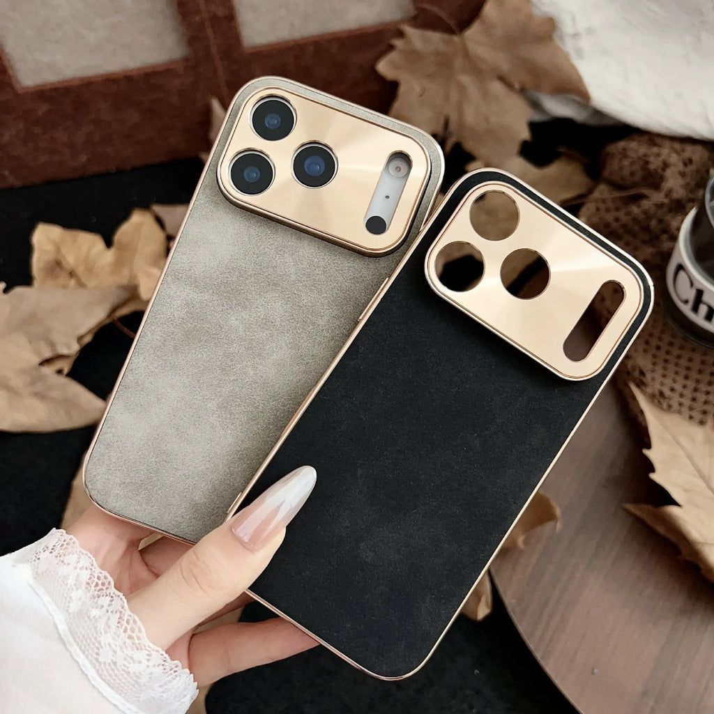 Electroplated phone case with metal frame and lambskin back in classic black for iPhone