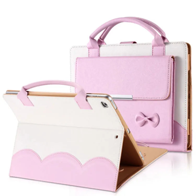 Imitation leather iPad case with bow handbag design, wallet style, sleep function, compatible with iPad mini, Air, Pro.