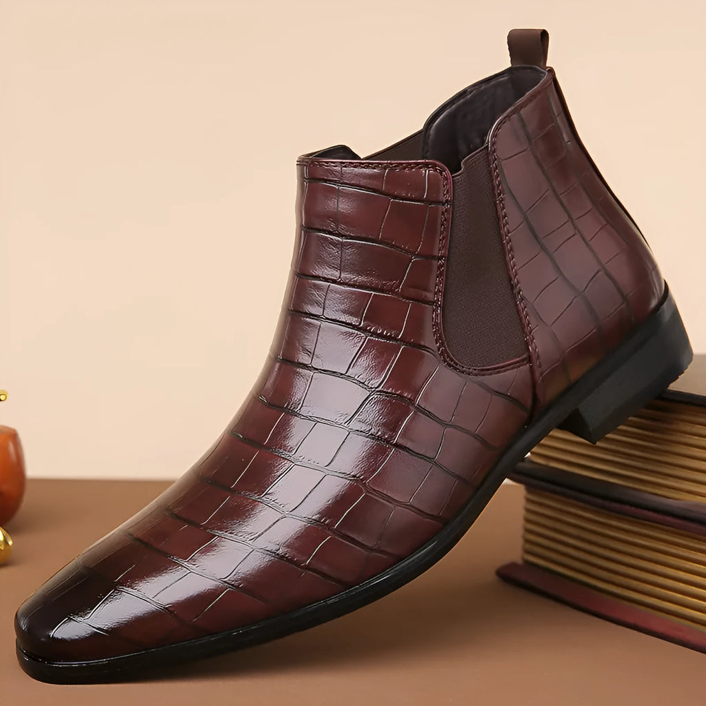 Men's glossy high-top Chelsea boots in black brown with artificial leather upper and rubber sole