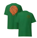 A maroon men's short sleeve t-shirt with a white ball print on the chest.
