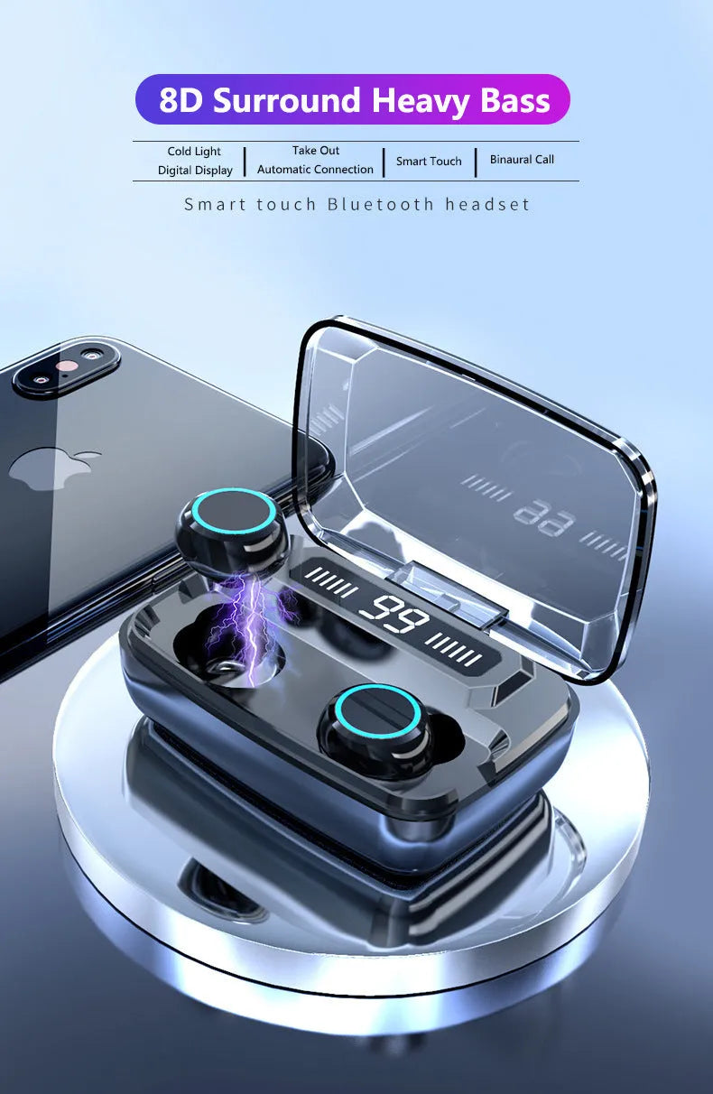 Black M11 wireless Bluetooth headset with charging case featuring a digital display.