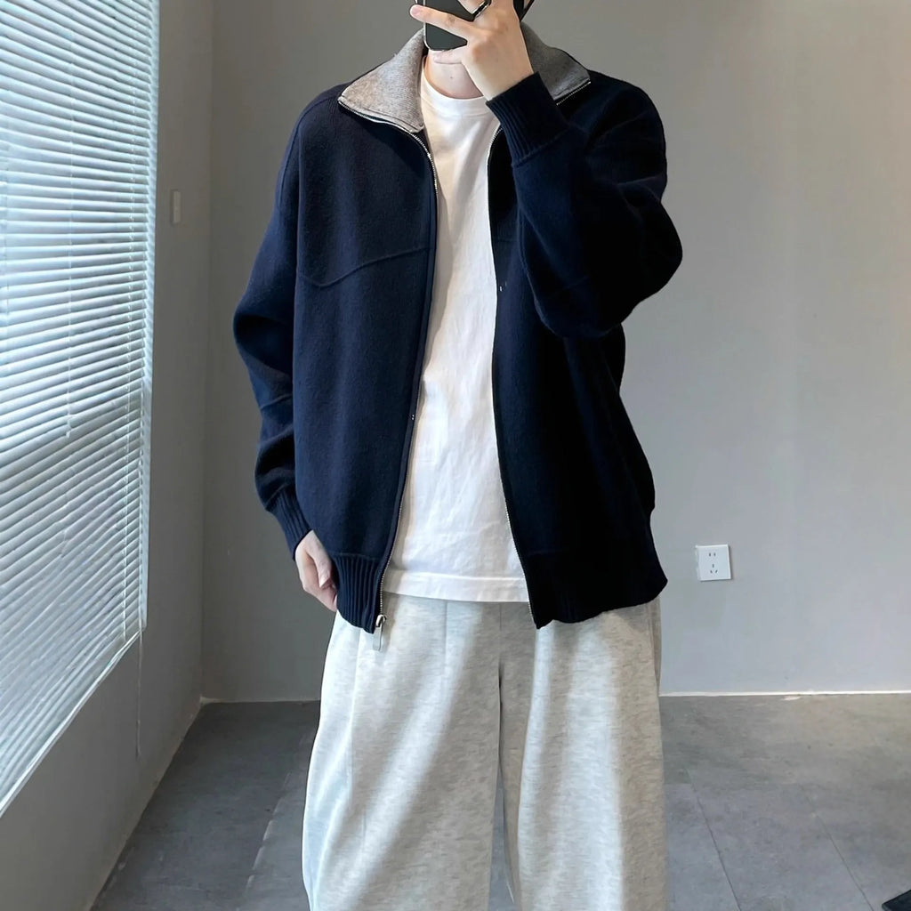 Barne style contrast colour knitted cardigan for men in apricot, long sleeves, loose fit, retro cardigan sweater
