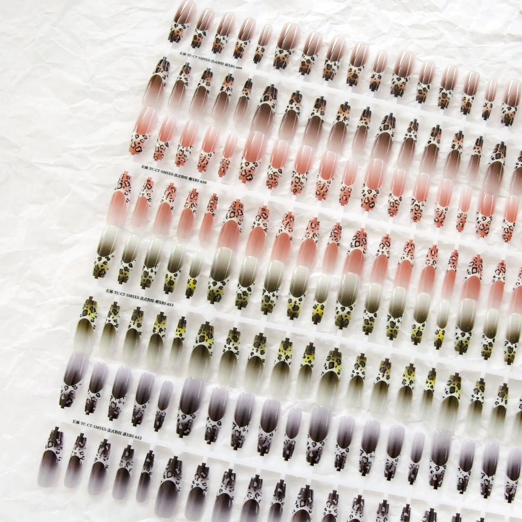 French leopard print long ladder nail stickers in brown, charm, and moss colourways, 40 piece set