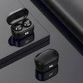 Black wireless stereo Bluetooth in-ear headphones with earplug design for hands-free calls and music.