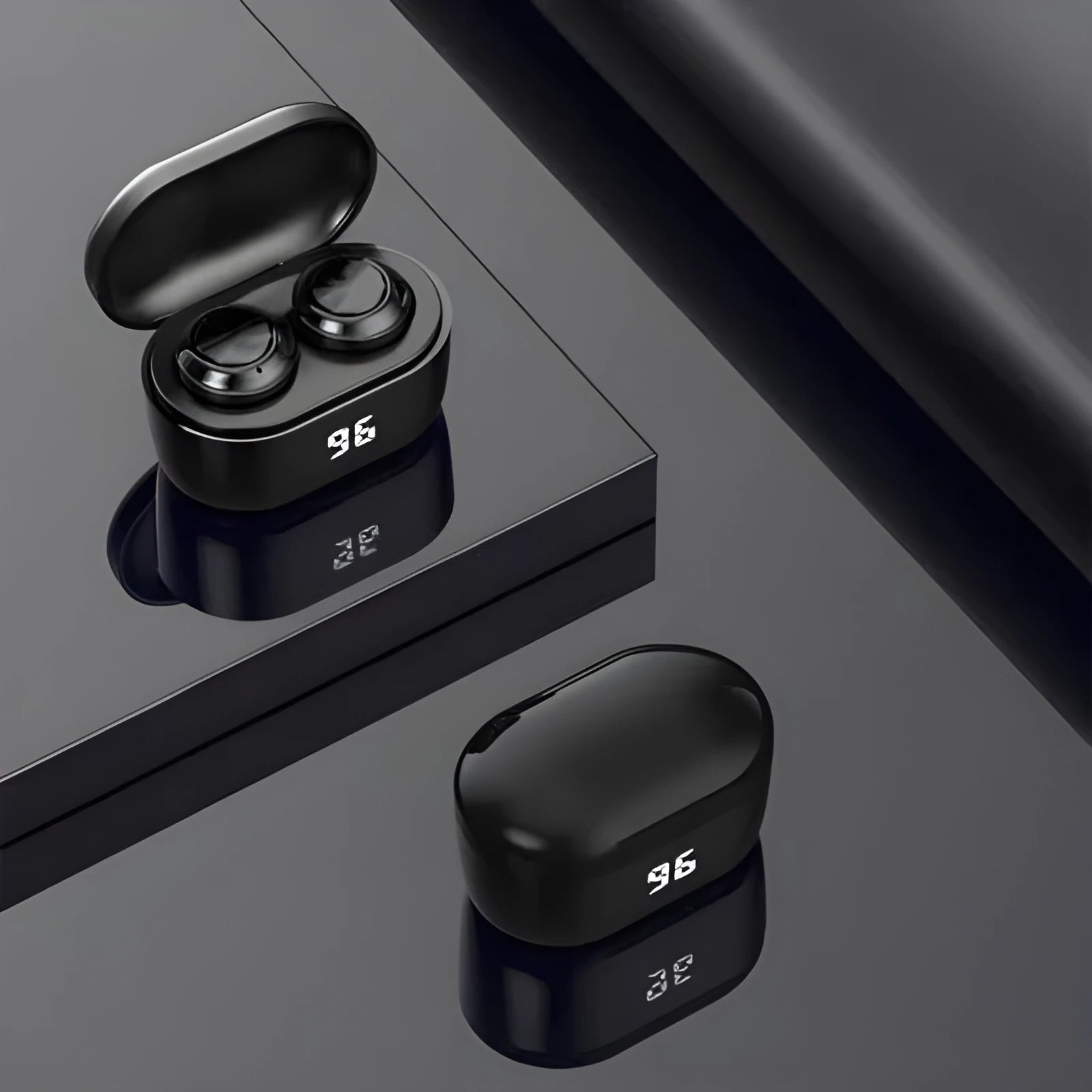 Black wireless stereo Bluetooth in-ear headphones with earplug design for hands-free calls and music.