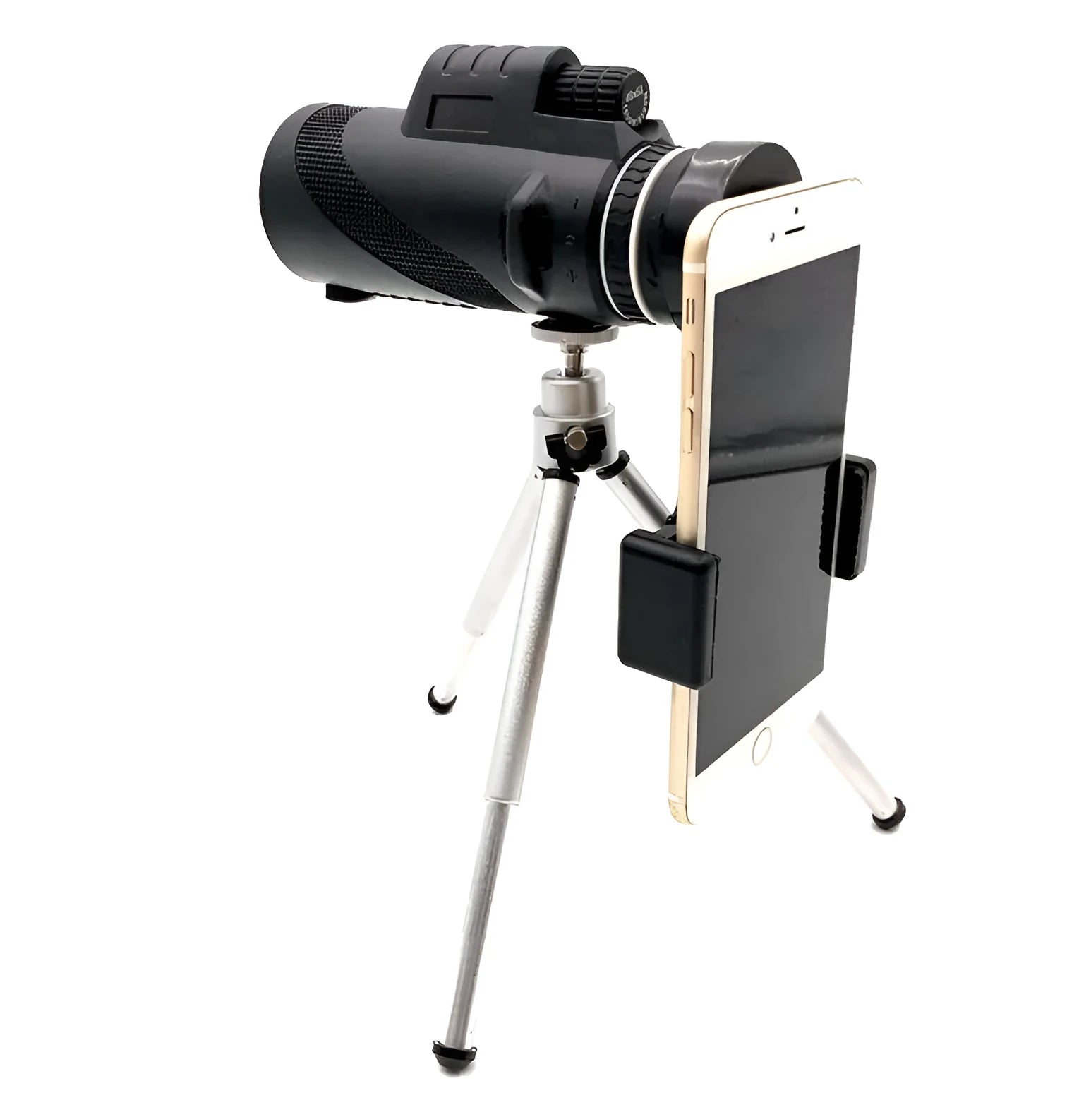 Black 40x60 monocular telescope with mobile phone attachment for photography on a table.