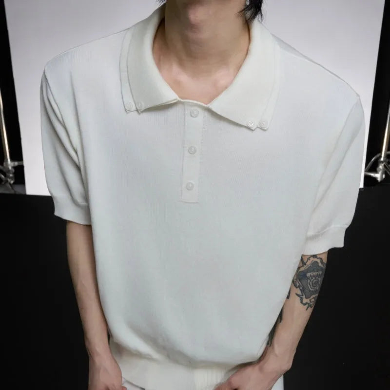 Men's black short-sleeved shirt with a double lapel collar and slim knit design