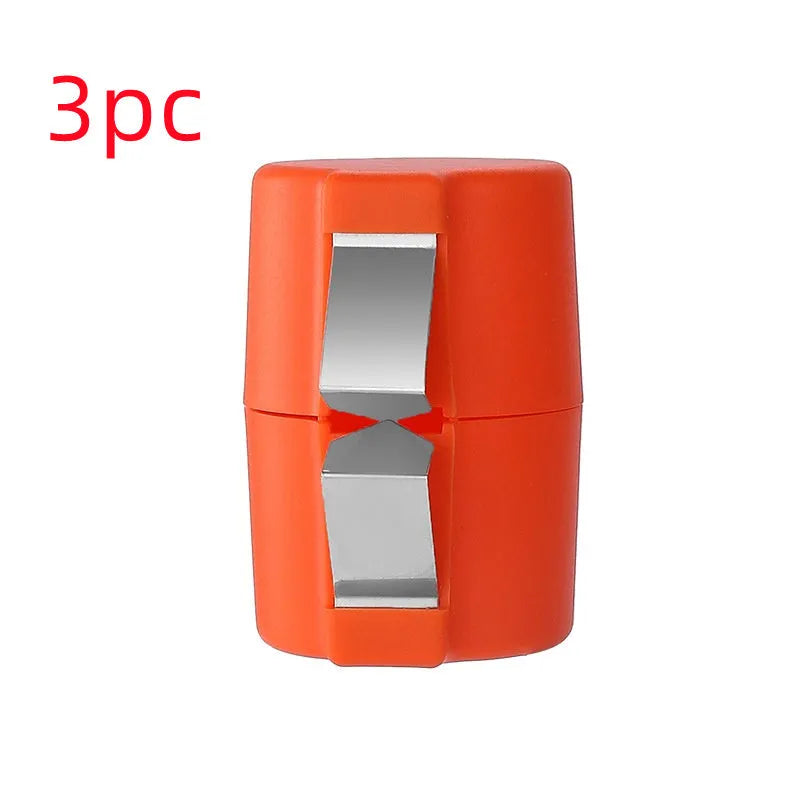Egg shell opener and beater kitchen tool with stainless steel blades and coloured plastic handle