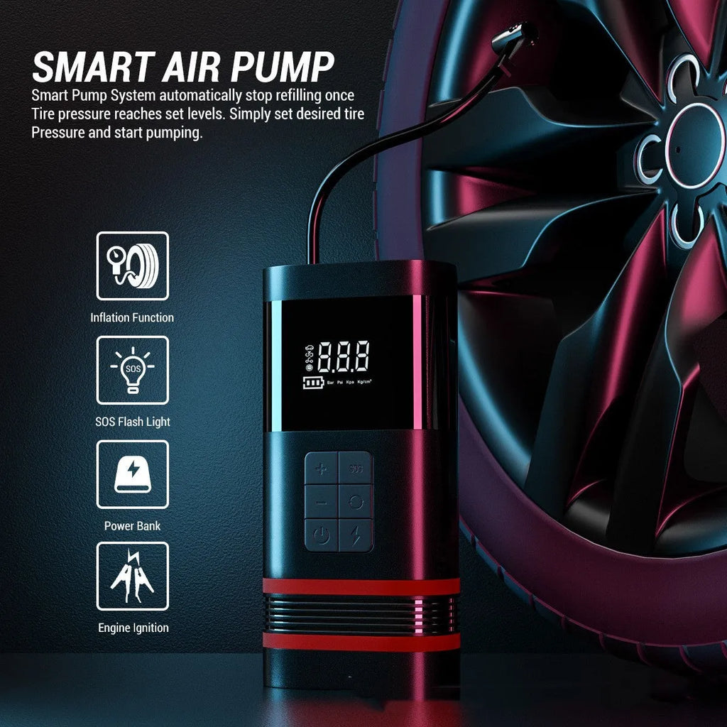 Black portable car jump starter power bank with LED display and attached cables on a grey background