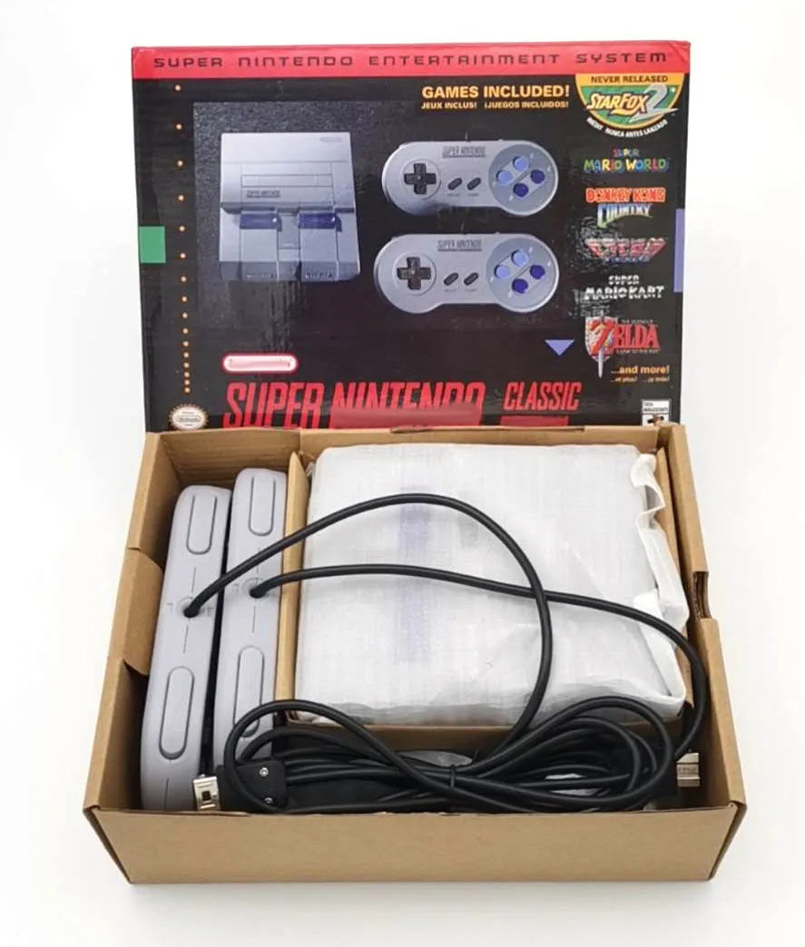 SNES mini game console replica in black with two wired controllers and HDMI cable