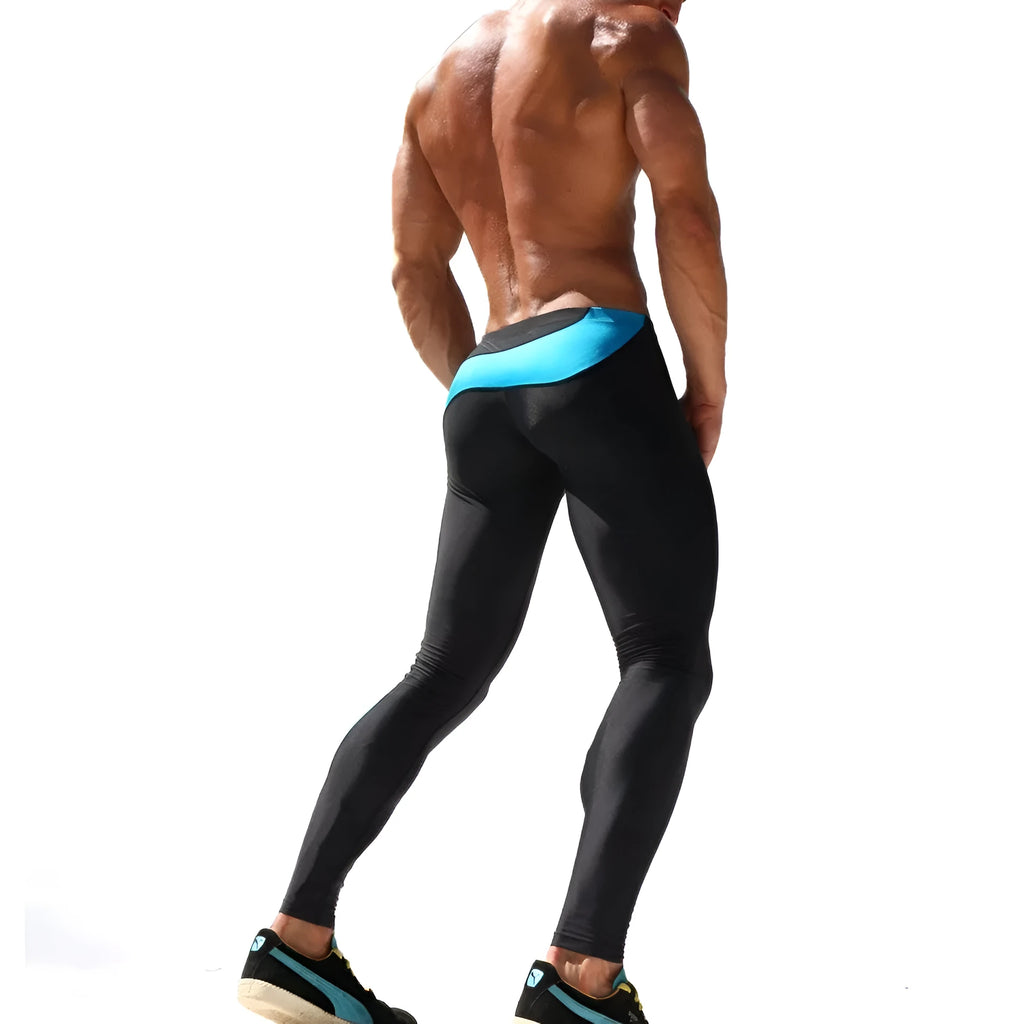 Men's skinny joggers in green or blue, 90% polyester 10% spandex, sport training pants with 28-34 inch waist.