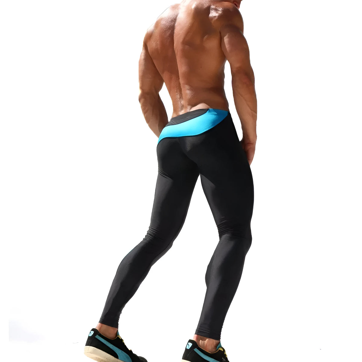 Men's skinny joggers in green or blue, 90% polyester 10% spandex, sport training pants with 28-34 inch waist.