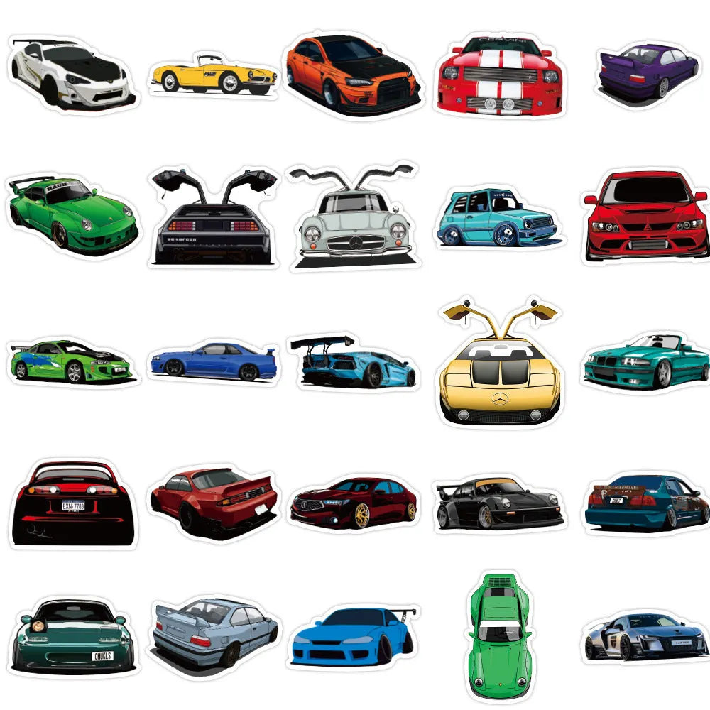 50 modified racing car graffiti stickers, 5-8cm adhesive decals for luggage and laptop decoration
