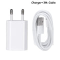 USB travel charger compatible with iPhone and iPad devices with optional charging cable lengths