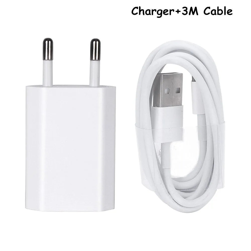 USB travel charger compatible with iPhone and iPad devices with optional charging cable lengths