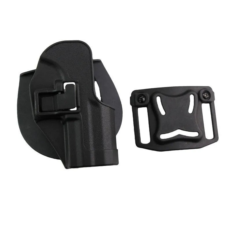 Black plastic tactical holster for right-hand belt carry with secure attachment