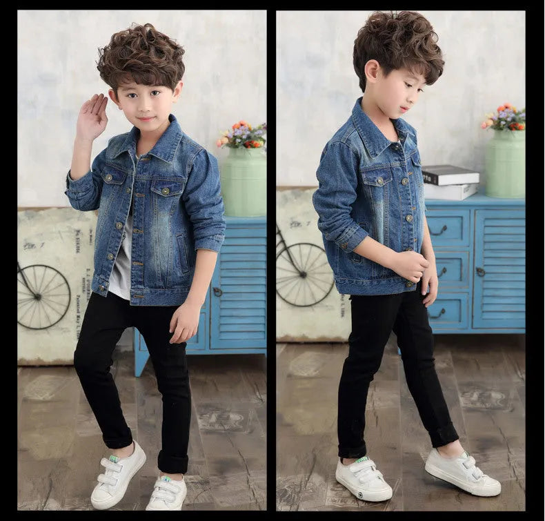 Children's dark blue cotton ripped denim jacket with hood, front view, single breasted style