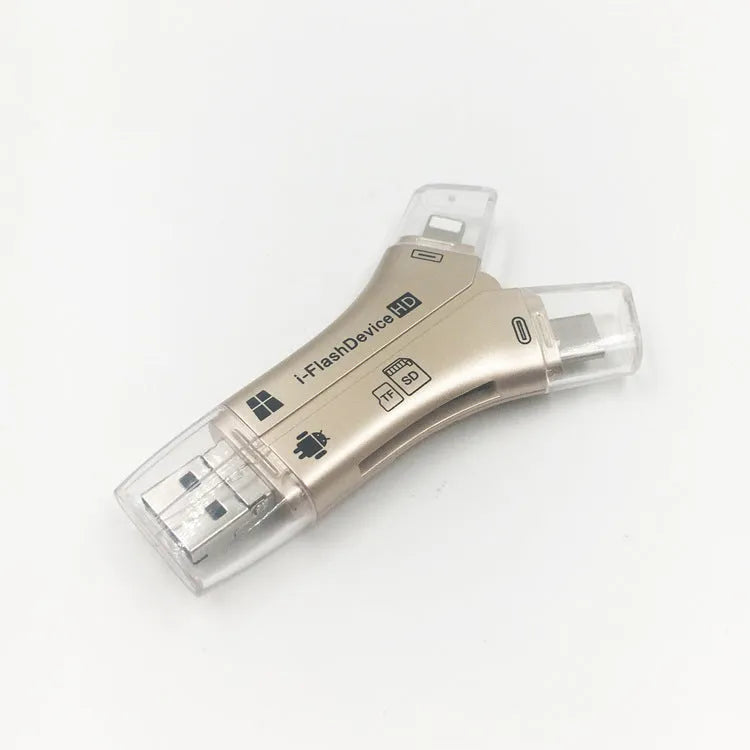 Multi-function card reader in white, gold, and black colours, supporting MicroSD SD TF cards, 81x51x11mm size