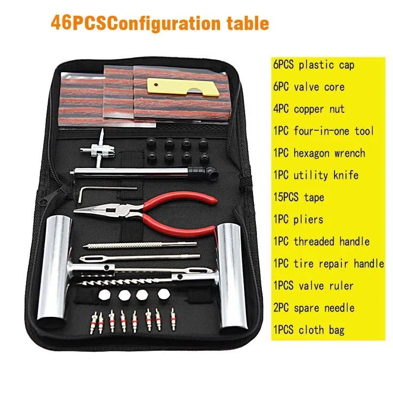 43-piece tyre repair kit in cloth bag with 45 steel case measuring 32x20x5cm